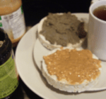 Dr. Vie Breakfast pumpkin seed butter, peanut butter, rice cake, herbal tea